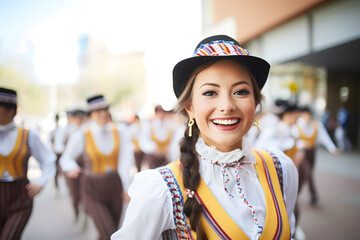 a lively Oktoberfest parade showcasing marching band woman - obrazy, fototapety, plakaty