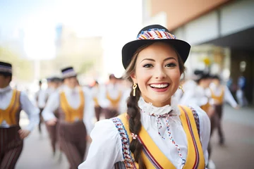 Fotobehang a lively Oktoberfest parade showcasing marching band woman © AGSTRONAUT