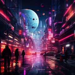 A retro synth blade runner style city of the future, with neon lights and tall skyscrappers