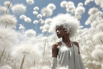 Beautiful model with white curly hair wearing fashionable clothes in dandelion field. Modern authentic look.