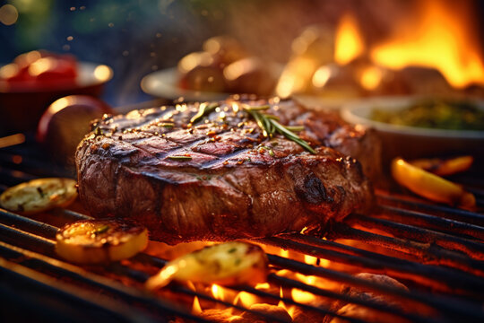 Close-up of barbecue, beef steak with vegetables cooked on grill, illustration. Generative AI. Food, meal, meat, barbecuing, cooking and bar-b-q, image