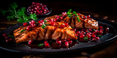 Original appetizer: grilled salmon with pomegranate sauce. Generative AI