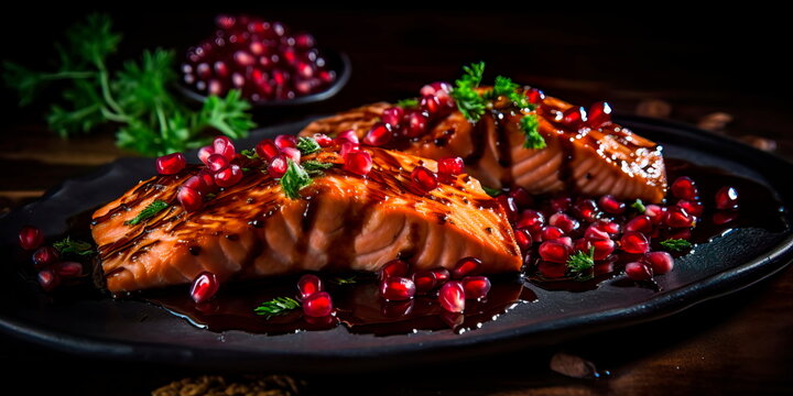 Original appetizer: grilled salmon with pomegranate sauce. Generative AI