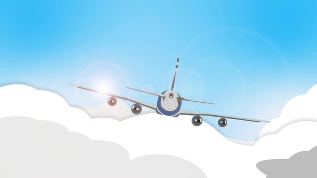 airplane flying high above the clouds, blue sky and sunshine