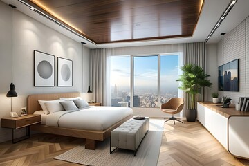 modern bed room interior with glass wall and plants 