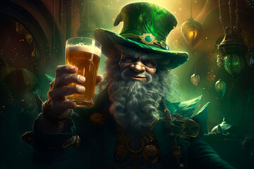 A magical leprechaun holds a glass of beer. Generative AI