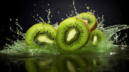 Kiwi fruits with slices in juice splash flow. Splash of juice. Exotic Kiwi fruit. Fruit burst. Slice cut, fresh food. Juicy kiwi promotion banner, green background.