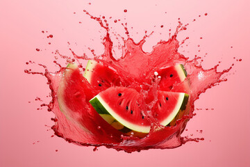 Juicy and fresh sliced of watermelon isolated. Splash of juice. Fruit burst. Вig berry. Watermelon juice. Juicy watermelon promotion banner. - 636627792