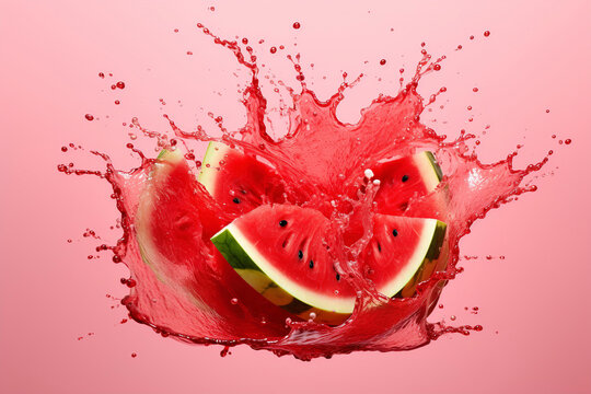 Juicy and fresh sliced of watermelon isolated. Splash of juice. Fruit burst. Вig berry. Watermelon juice. Juicy watermelon promotion banner.