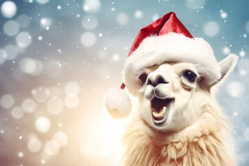 Fototapeta na wymiar A smiling llama in the snowy winter, radiating joy and cheer. The playful animal embodies the festive spirit of the season.