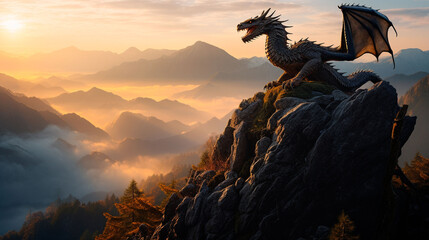 A cute dragon illuminated by the rising sun