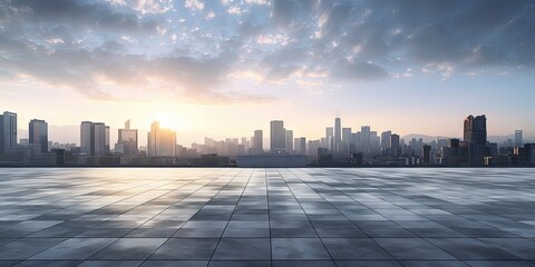 Courtyard has many buildings in background. Cityscape in morning hues. Sunrise over skyline © Bussakon