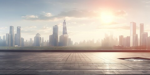 Courtyard has many buildings in background. Cityscape in morning hues. Sunrise over skyline