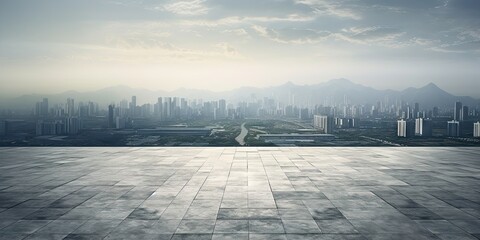 Courtyard has many buildings in background. Cityscape in morning hues. Sunrise over skyline