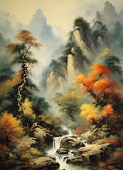 Fototapeta premium Mountains, forest and river Chinese traditional painting