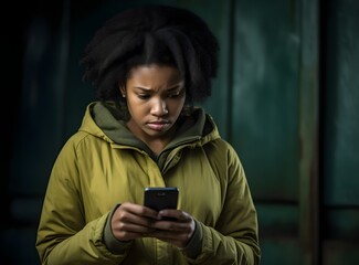 Fototapeta premium Photo portrait of nervous worried sad African American girl with bright clothes looking at mobile phone holding it in hands, standing outside on dark green color background, AI Generated