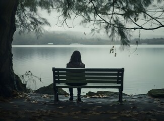 Fototapeta na wymiar Depressed and sad young woman with long hair casual clothes sitting alone on bench in the park, back view, looking at lake city landscape, in deep thoughts, sadness, mist, autumn, winter, AI Generated