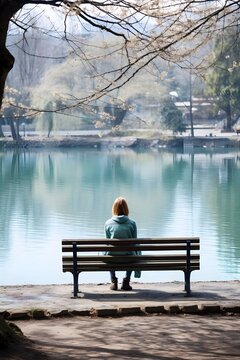Depressed and sad young woman with long hair casual clothes sitting alone on bench in the park, back view, looking at lake city landscape, in deep thoughts, sadness, mist, autumn, winter, AI Generated