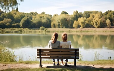 Young lesbian lgbt couple sitting on bench in park, looking at the natural lake view, two women, summer, green. love, AI Generated