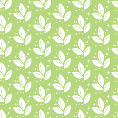 White leaves ower light green background seamless pattern. Vector illustration for decor, textiles, packaging, invitations, wallpapers, wrapping paper.