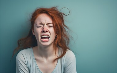 Closeup portrait photo of young red haired crying attractive woman with unhappy sad face, problem, depressed, offended isolated on modern pastel blue color background, AI Generated