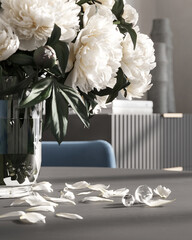 Stylish interior composition with flowers on the background of a modern interior , 3d render