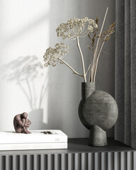 Stylish interior composition with a clay vase and books on a chest of drawers , 3d render