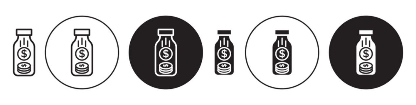 Saving Money Bottle Vector Icon Set. Tip Jar Symbol. Retirement Medical Fund Vector Sign In Black Color.