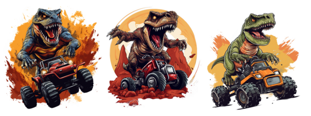 T-Rex Riding on a Truck, Cartoon dinosaur characters driving. High quality