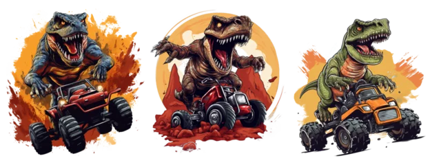 Foto op Aluminium T-Rex Riding on a Truck, Cartoon dinosaur characters driving. High quality © WAK DESIGNER