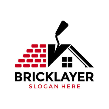 Home Plastering Logo Design Vector. Exterior And Interior House Work Logo Construction With Brick And Trowel Icon