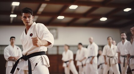 a karate asian martial art training in a dojo hall. young man wearing white kimono and black belt