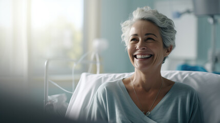a portrait of a beautiful mature american adult woman patient in a clinic hospital room on a bed receiving