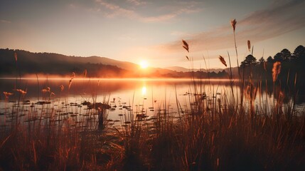 Sunrise View of a foggy Lake at Dawn. Panoramic Summer Background 
