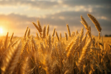 Wheat field. Ears of golden wheat close up. Beautiful Nature Sunset Landscape. Rural Scenery under Shining Sunlight. 