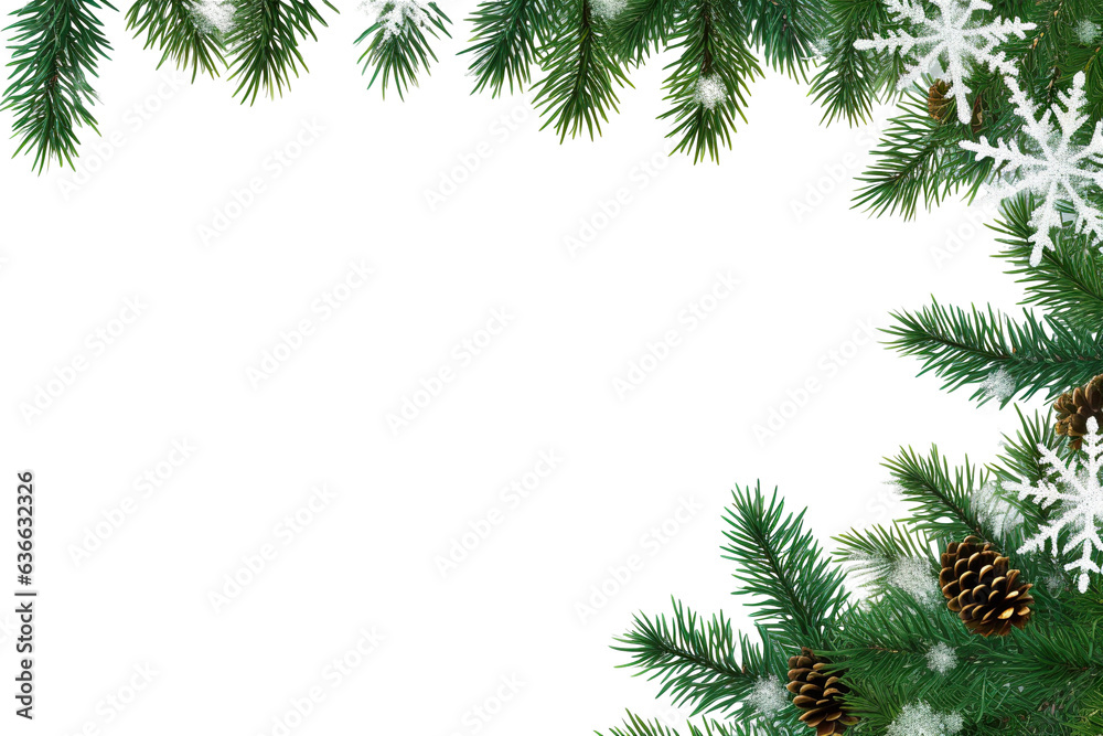 Wall mural border of isolated green christmas tree branches at the edge on transparent background with sparklin