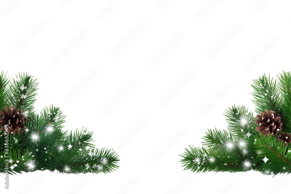 Wall mural border of isolated green christmas tree branches at the edge on transparent background with sparklin