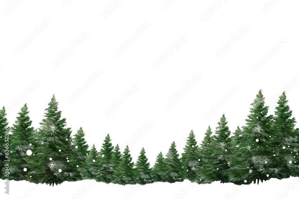 Wall mural border of isolated green christmas tree branches at the edge on transparent background with sparklin