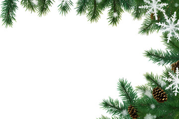 border of isolated green Christmas tree branches at the edge on transparent background with sparkling white snowflakes on white background with copy space PNG