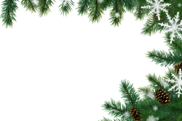 border of isolated green Christmas tree branches at the edge on transparent background with sparkling white snowflakes on white background with copy space PNG