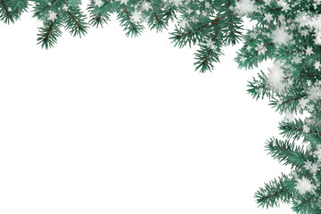 border of isolated green Christmas tree branches at the edge on transparent background with sparkling white snowflakes on white background with copy space PNG