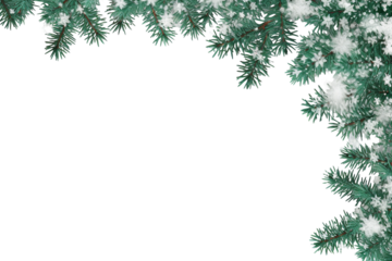 border of isolated green Christmas tree branches at the edge on transparent background with sparkling white snowflakes on white background with copy space PNG