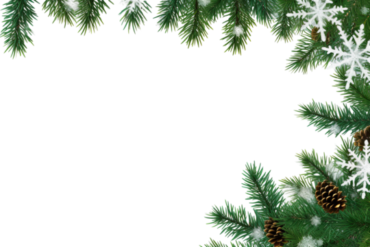 border of isolated green Christmas tree branches at the edge on transparent background with sparkling white snowflakes on white background with copy space PNG