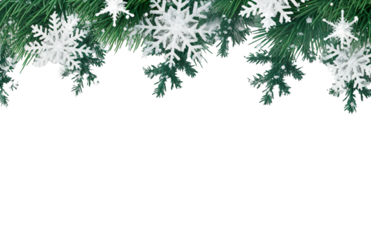 border of isolated green Christmas tree branches at the edge on transparent background with sparkling white snowflakes on white background with copy space PNG