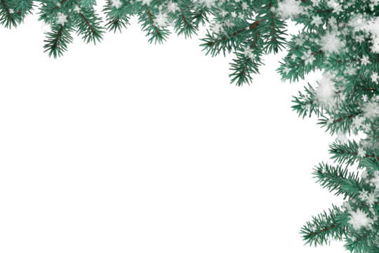 border of isolated green Christmas tree branches at the edge on transparent background with sparkling white snowflakes on white background with copy space PNG