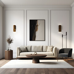Elegance of minimalism of a living room featuring sleek furniture, neutral tones, and strategic lighting, creating a serene and stylish atmosphere. AI generated