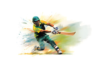 In the design, a player is shown using a bat to play the sport of cricket.


