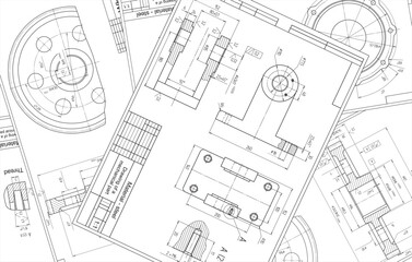 Fototapeta premium Vector engineering drawing of a steel mechanical parts with through holes. Industrial cad scheme on white paper sheets. Technology background.