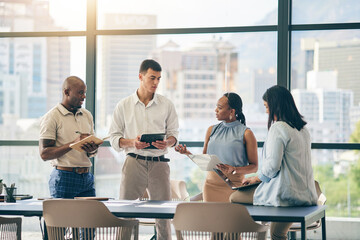 Diversity, meeting and business people planning together for teamwork, project or company collaboration. Agenda, office and corporate employees speaking about brainstorming, ideas or our vision