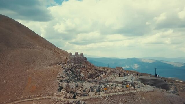 Aerial view of the 2150 meter high Mount Nemrut in the Southeastern Anatolia region of Turkey. A drone shot from the East Terrace.